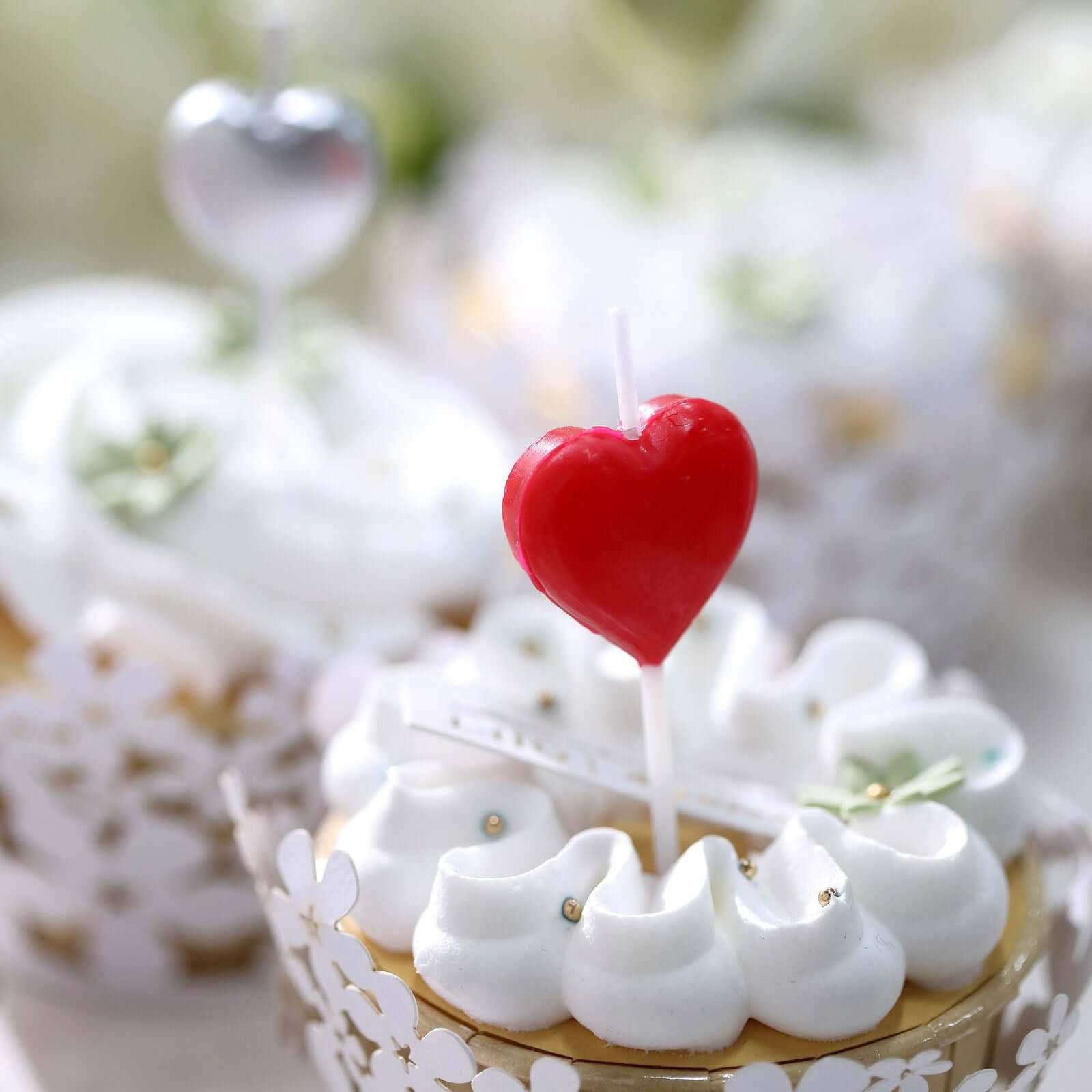 10-Pack Heart Shaped Cupcake Candles Love and Valentine Dessert Toppers - Red, Silver, and Gold