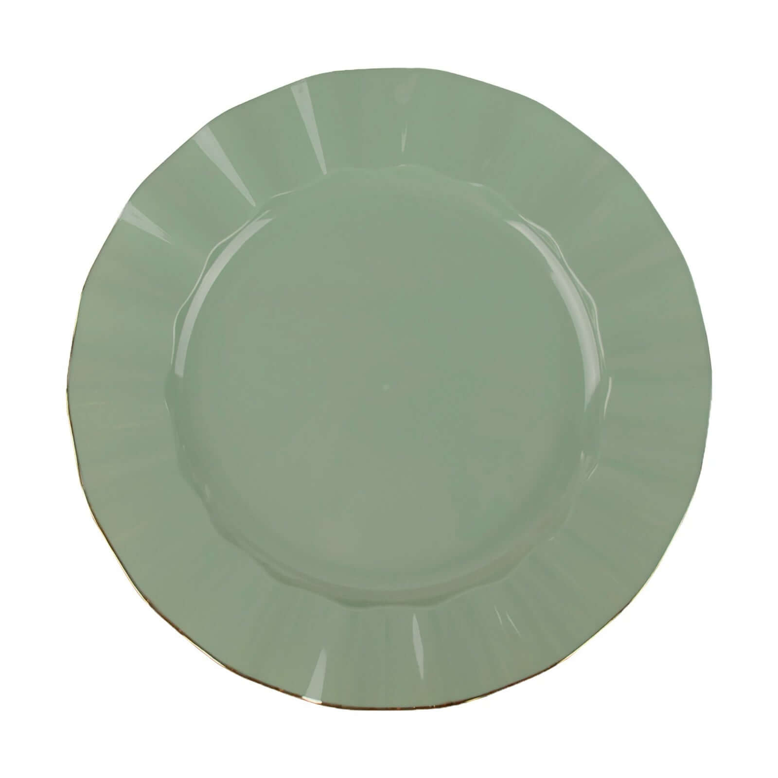 10-Pack Plastic 9" Round Dinner Plates in Dusty Sage Green Ruffled Rim with Gold Edging - Sturdy Disposable Dinnerware