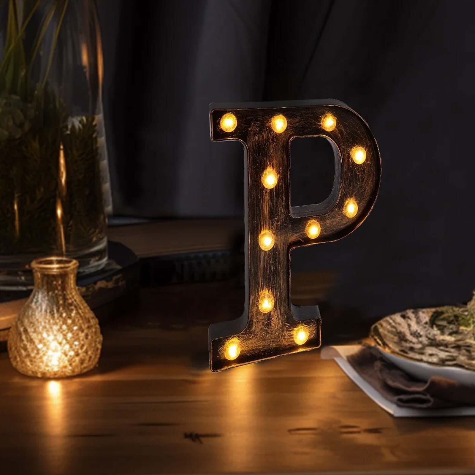 LED Marquee Letter "P" Industrial Style Antique Black - Light-Up Alphabet Sign for Weddings & Displays 9"