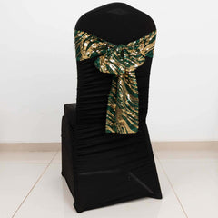 5 Pack Chair Sashes with Wave Embroidered Sequins Hunter Emerald Green/Gold 6"x88"
