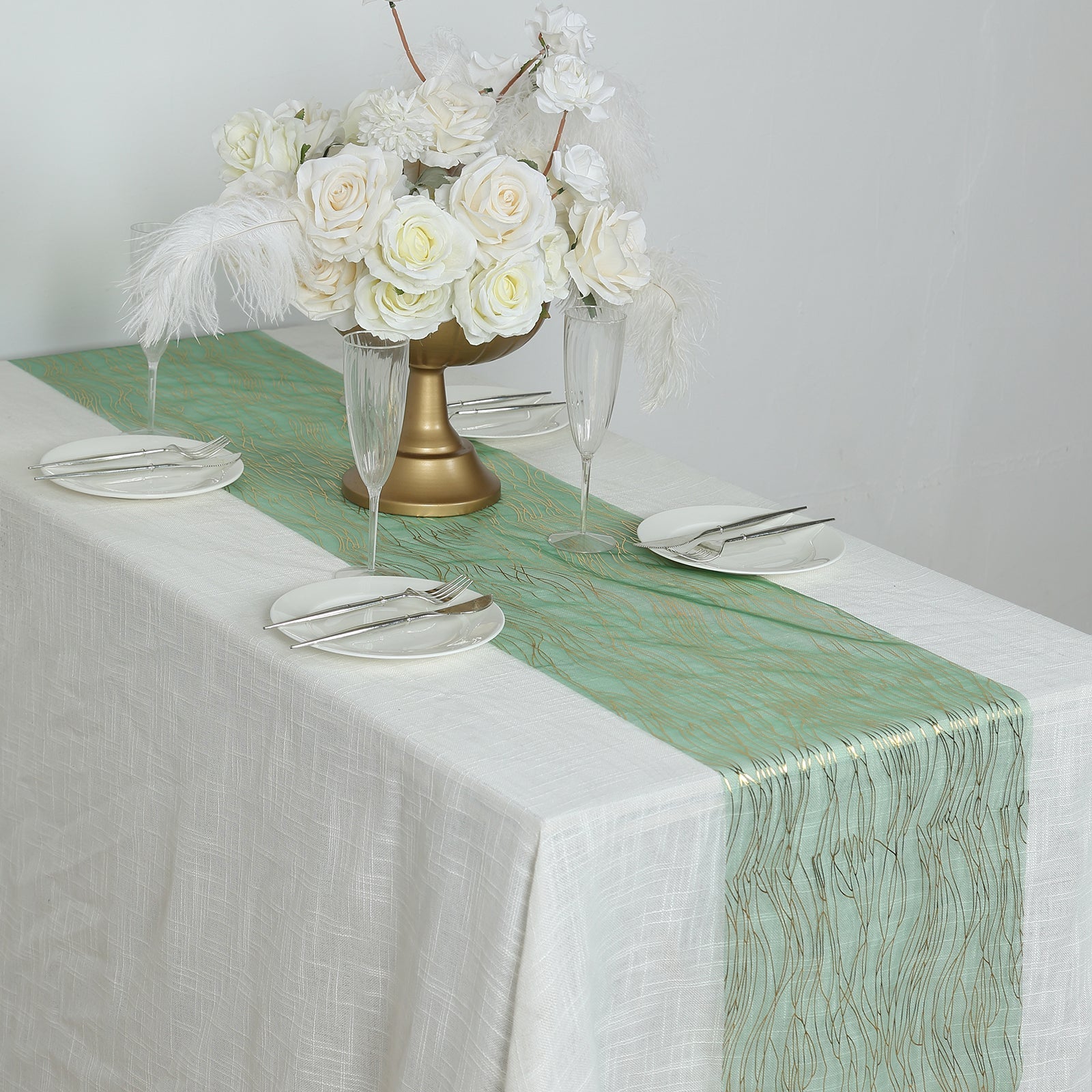 5 Pack Organza 12"x108" Table Runners Hunter Emerald Green - Gold Wave Design