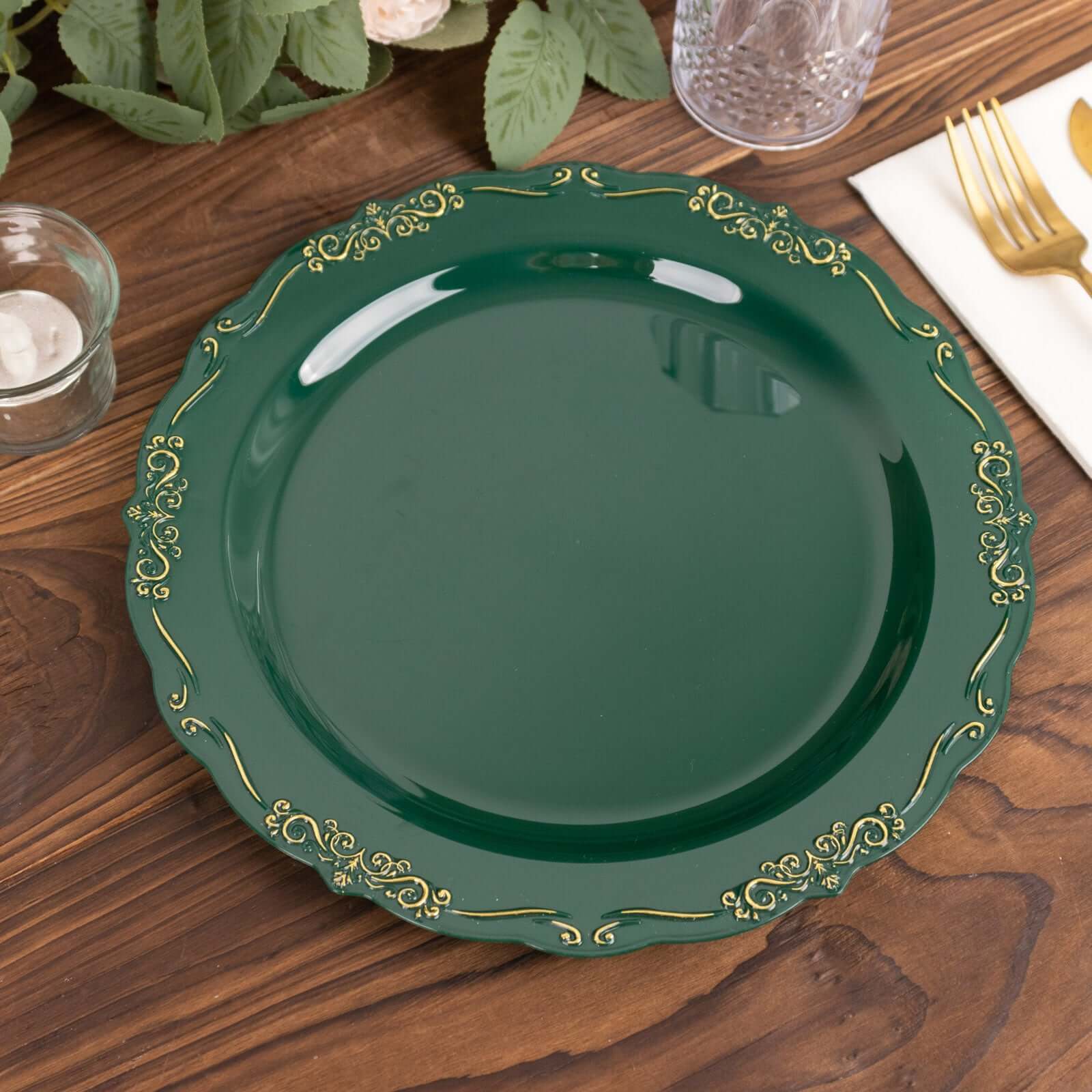 10-Pack Plastic 10" Round Dinner Plates in Hunter Emerald Green with Gold Vintage Embossed Rim - Sturdy Disposable Scalloped Edge Party Plates