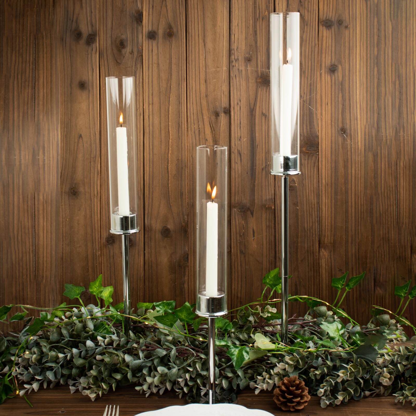 Set of 3 Tall Silver Metal Taper Candlestick Holders, Clear Glass Hurricane Candle Stands With Chimney Candle Shades 16", 20", 24"