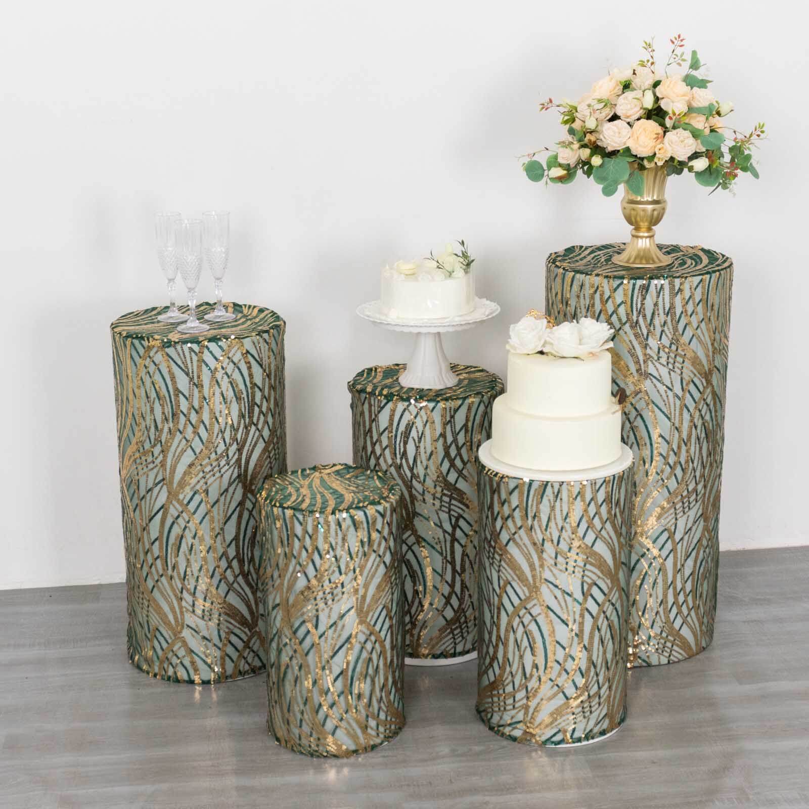 Set of 5 Hunter Green Wave Mesh Cylinder Pedestal Stand Covers with Embroidered Sequins, Emerald Pillar Prop Covers - 160 GSM