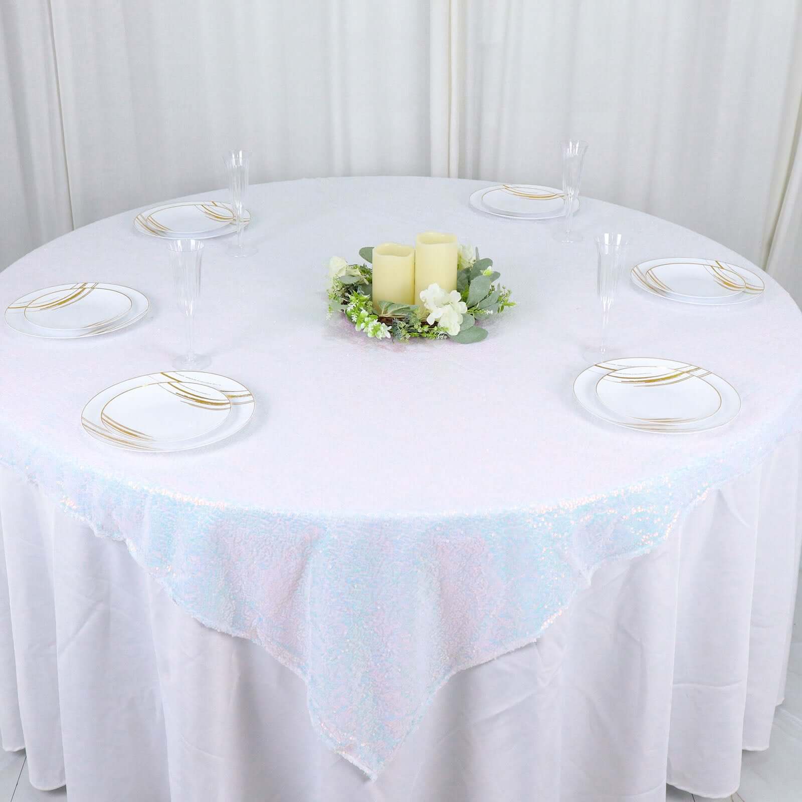 Sequin 60"x60" Table Overlay Square Tablecloth  Iridescent Blue - Luxe Wedding Table Topper
