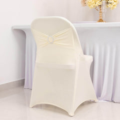 Stretch Spandex Chair Cover Ivory for Folding Chairs - Secure Fit Slipcover with Silver Rhinestone Buckled Sash Band