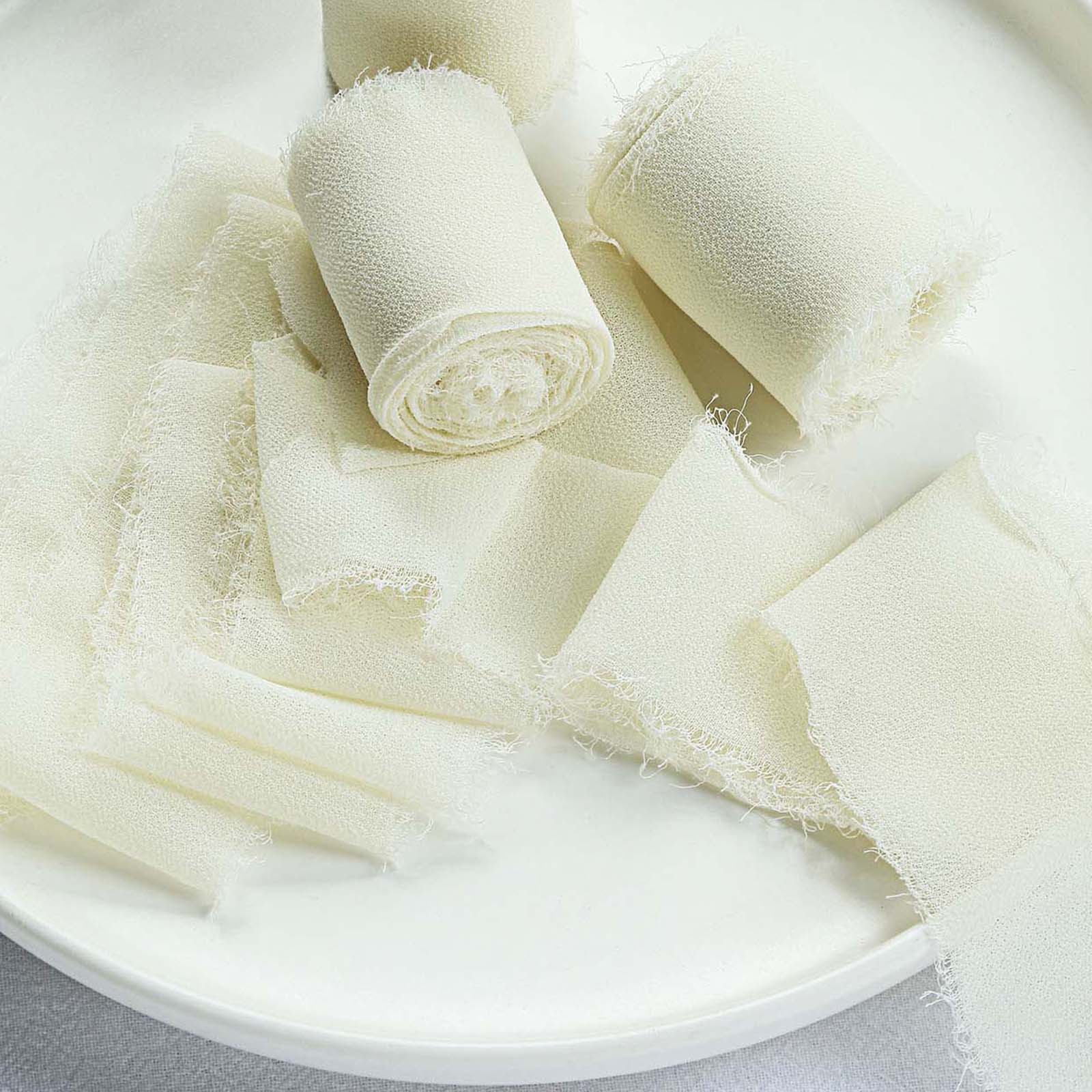 2 Pack 6yd Ivory Silk-Like Chiffon Linen Ribbon Roll For Bouquets, Wedding Invitations Gift Wrapping