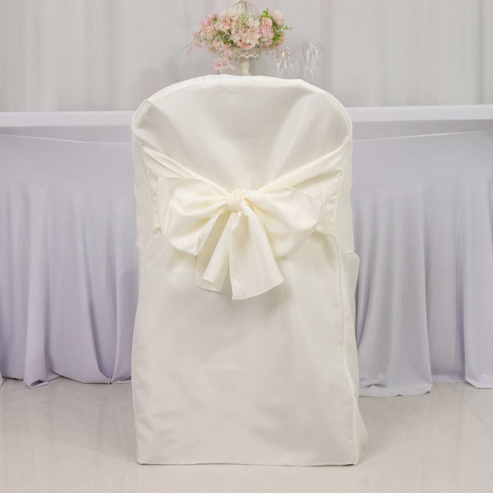 10-Pack Polyester Slip-On Folding Chair Covers with Attached Sashes – Ivory Durable Reusable Covers for Wedding & Event Decor