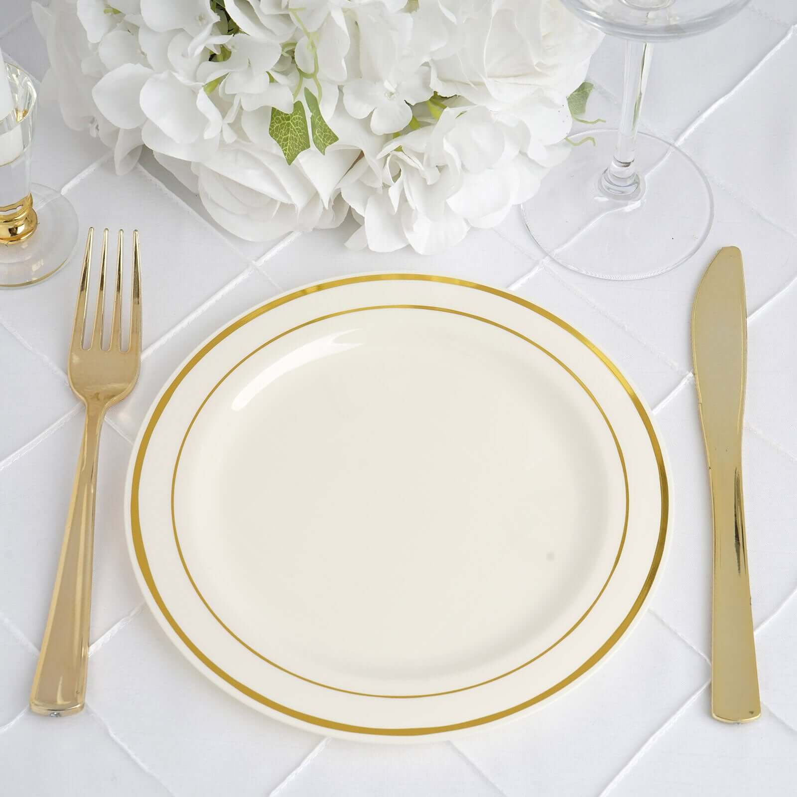 10-Pack Plastic Dessert Plates Ivory with Très Chic Gold Rim - Disposable Plates for Parties 8"
