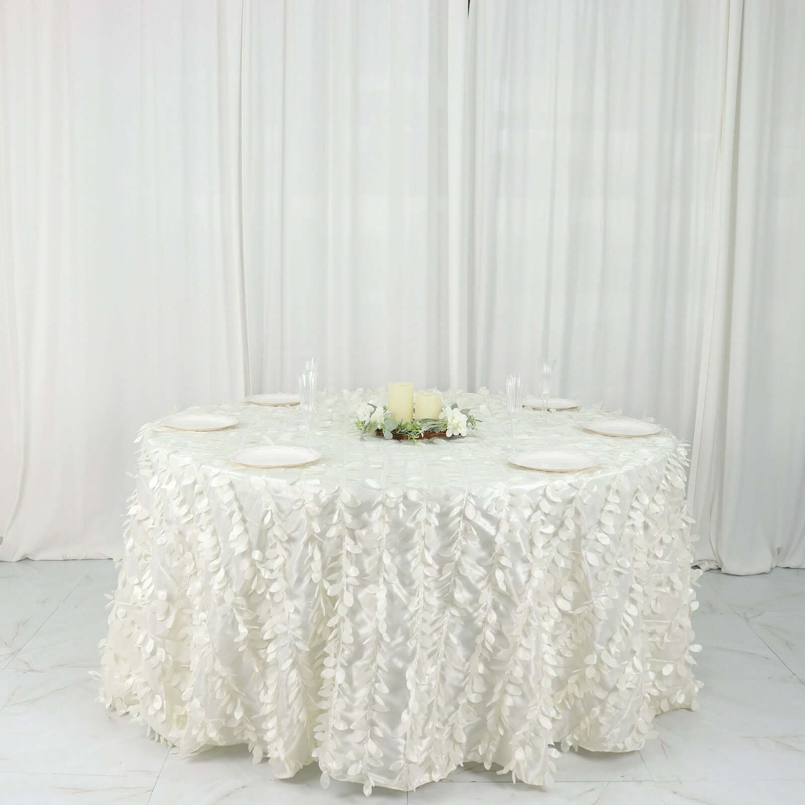 Taffeta 132" Round Tablecloth Ivory | 3D Leaf Petal Design Seamless Table Cover