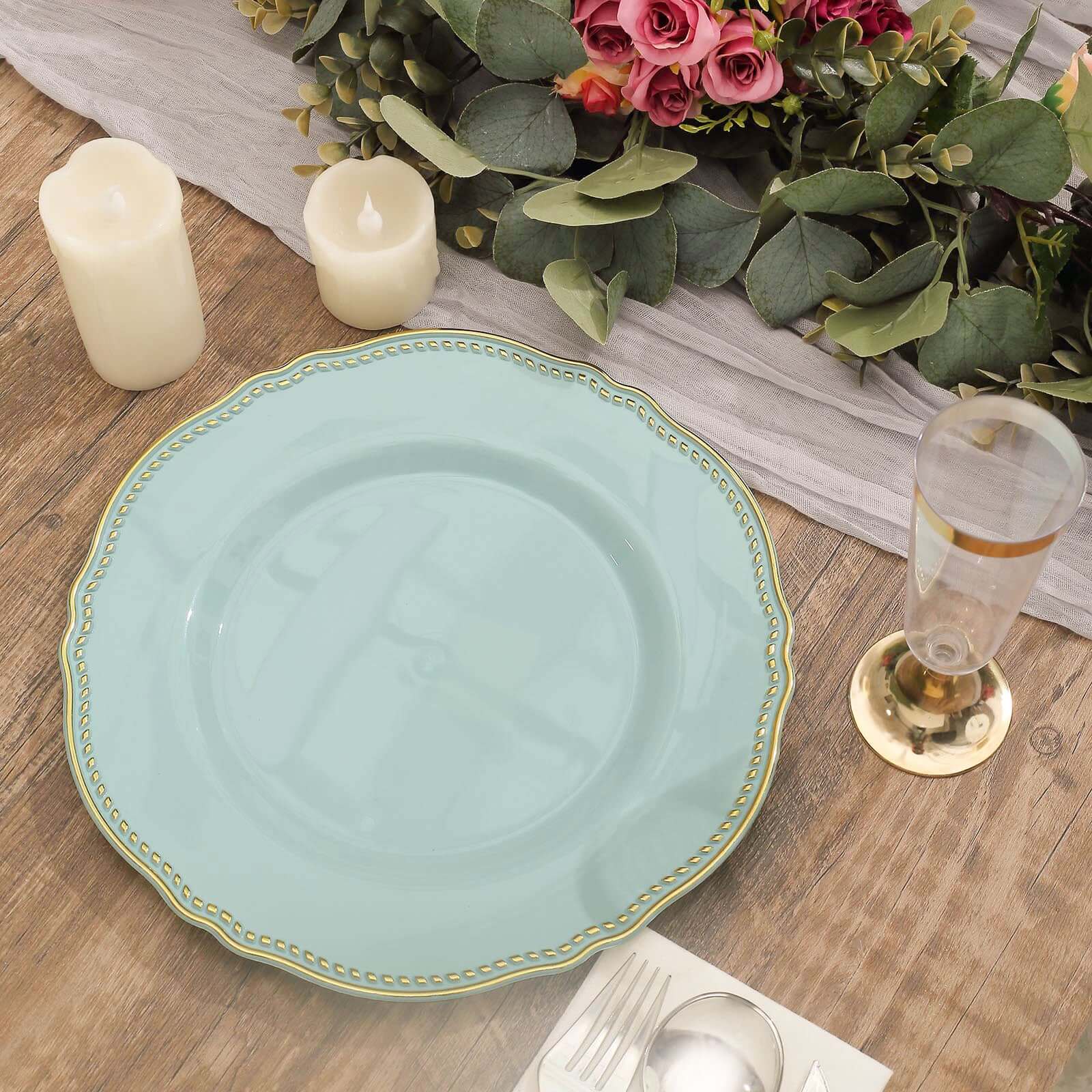 10-Pack Plastic 10" Dinner Plates in Jade with Gold Scalloped Rim - Disposable Large Party Plates