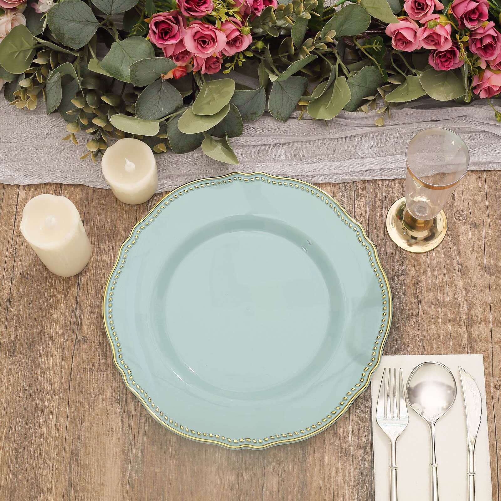 10-Pack Plastic 10" Dinner Plates in Jade with Gold Scalloped Rim - Disposable Large Party Plates