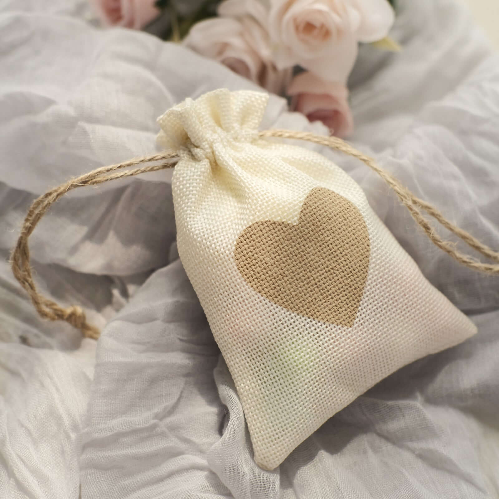 20 Pack 4"x5" Natural Ivory Heart Design Jute Burlap Gift Bags With Drawstring, Rustic Wedding Party Favor Bags