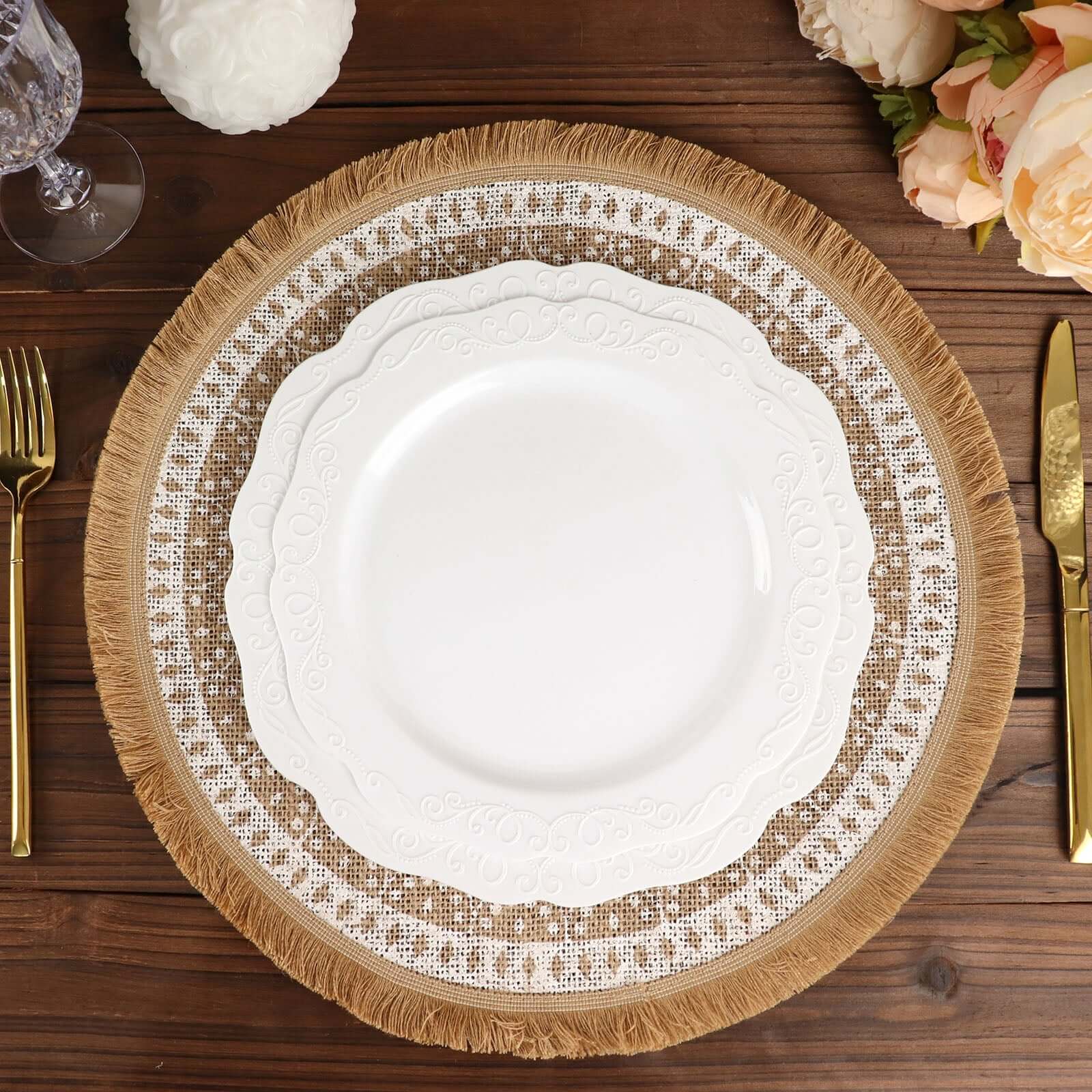 4-Pack Placemats Fringe Print Design Natural Jute and White Round - Rustic Burlap Woven Style 15"