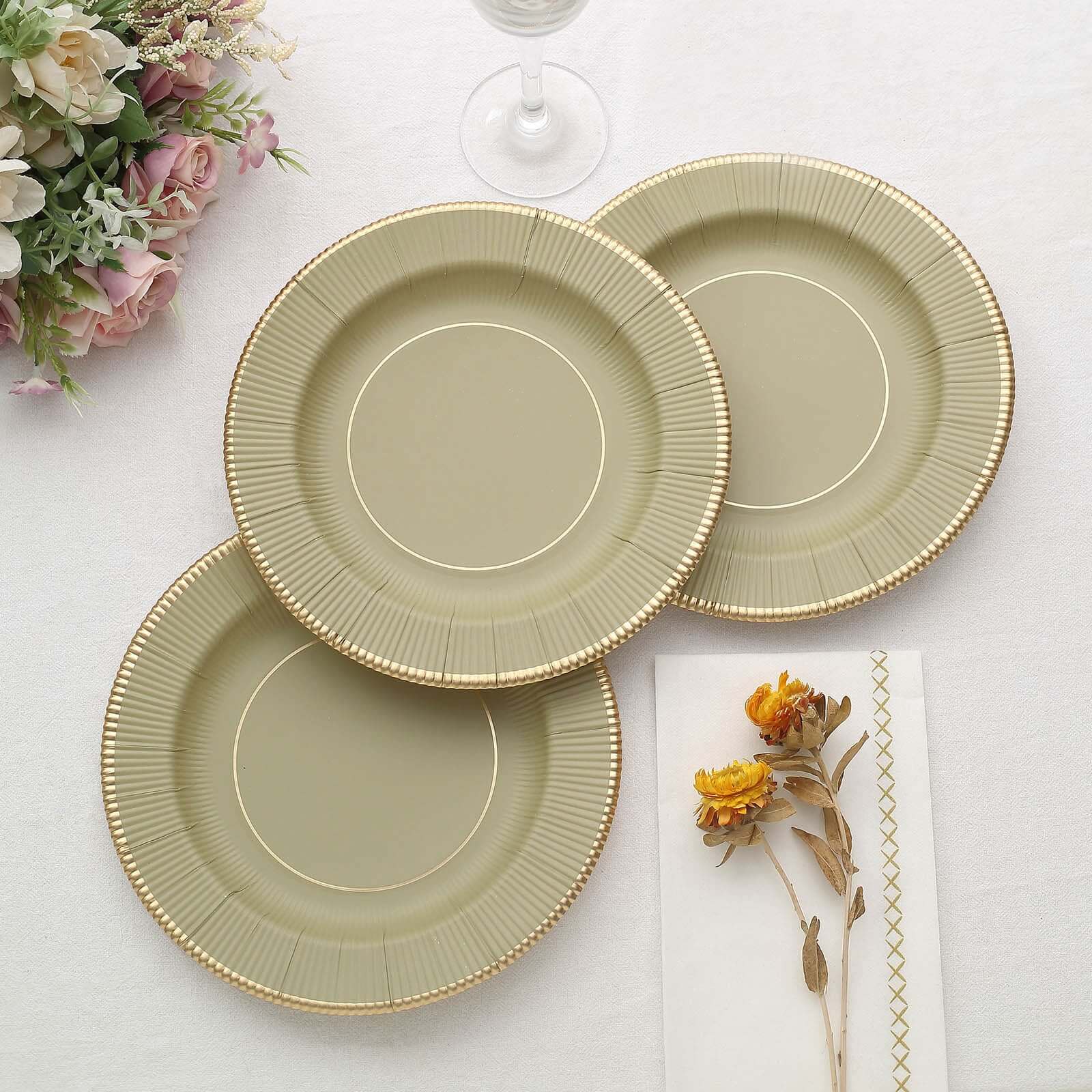 25-Pack Paper 8" Round Dessert Plates in Khaki Sunray Design with Gold Rim - Disposable Heavy Duty 350GSM Appetizer Salad Plates