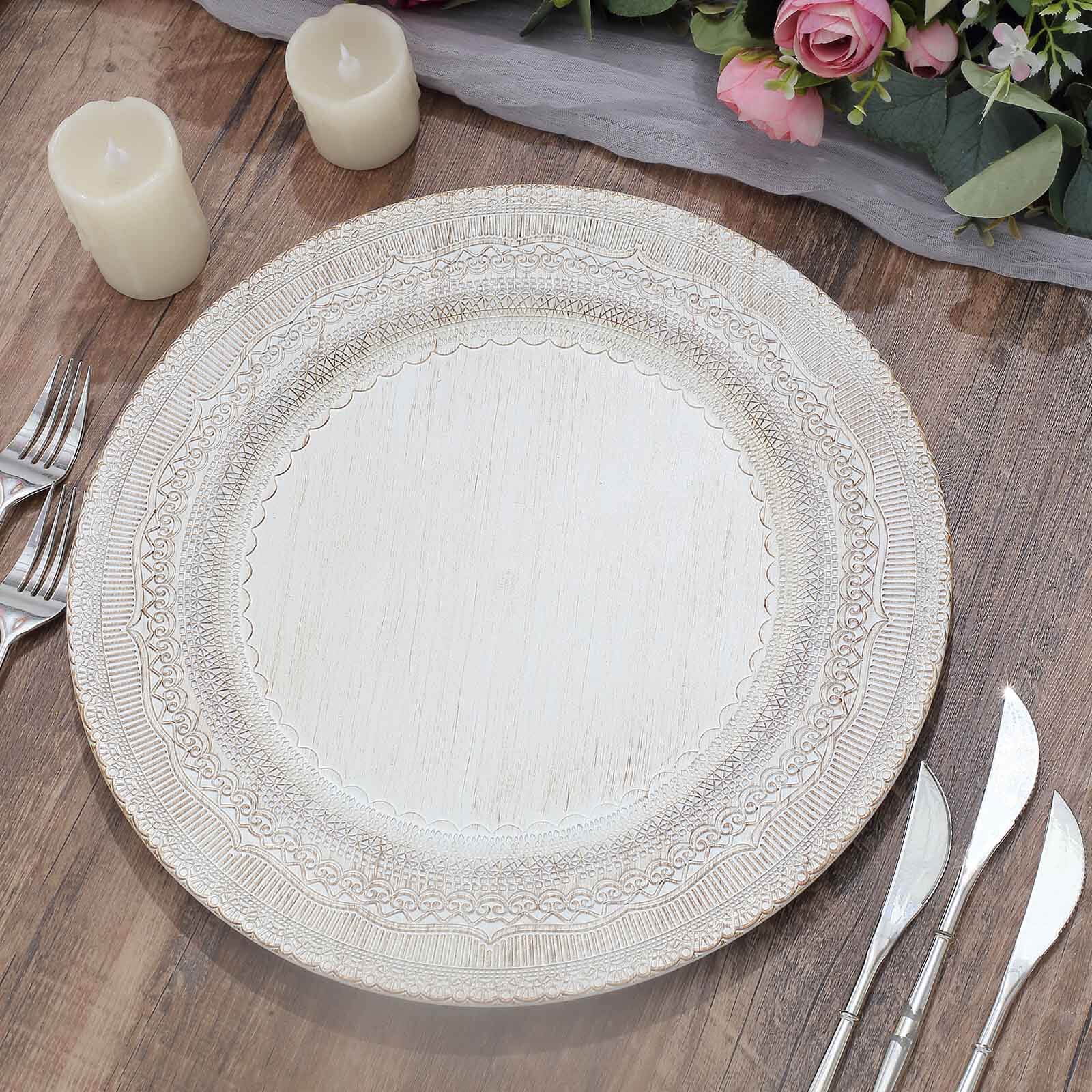 6-Pack Acrylic Round Charger Plates 13" in White with Lace Embossed Rim, Rustic Plastic Decorative Charger Tableware