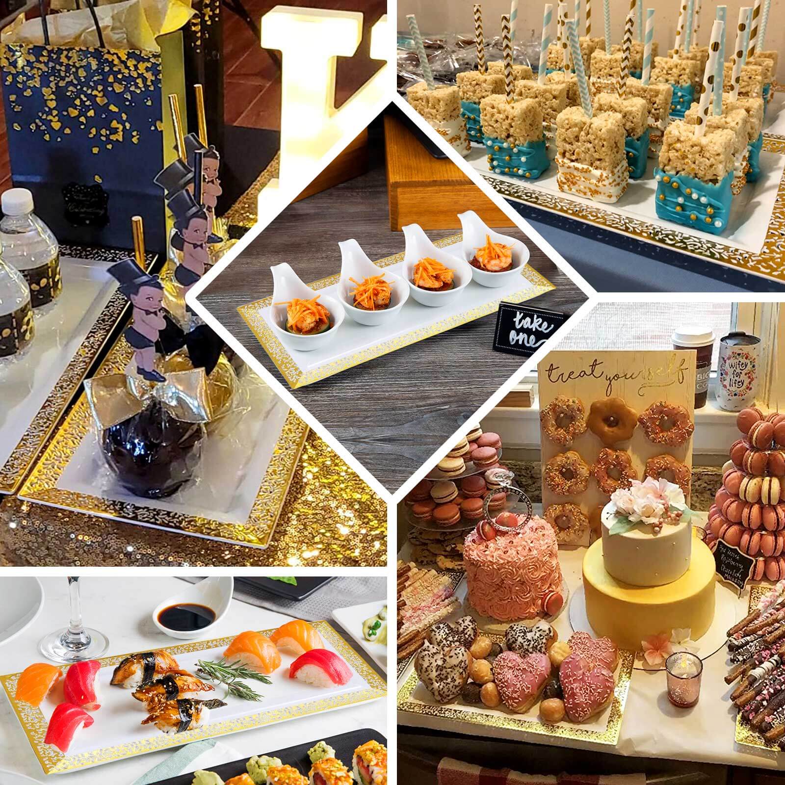 4-Pack Plastic 14" Rectangle Serving Trays White with Gold Lace Rim - Chic Decorative Table Tray Platters for Buffets Banquets Dinner Parties