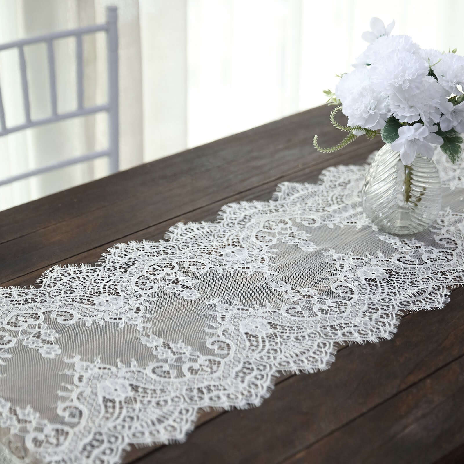Premium Lace Fabric 15"x117" Table Runner Ivory - Scalloped Lace Elegance