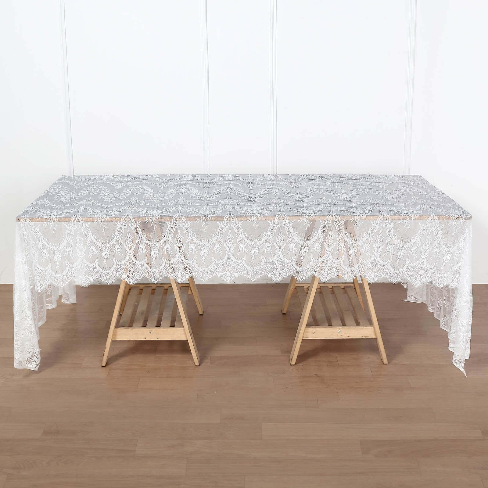 Lace 60"x120" Rectangle Tablecloth White - Vintage Lace Design with Scalloped Frill Edges for Refined Occasions