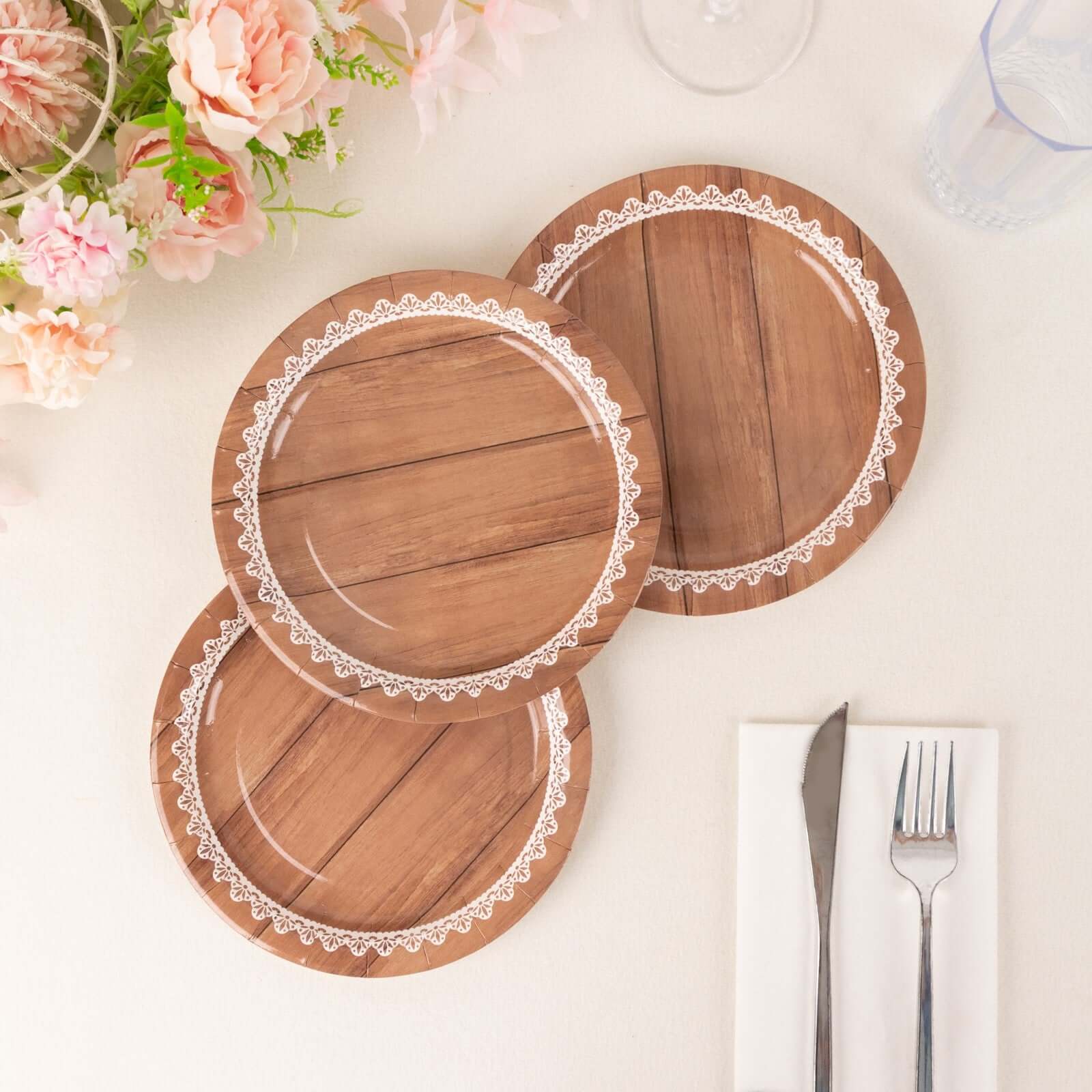 25-Pack Paper 7" Round Dessert Plates in Brown Wood Grain Print with White Floral Lace Rim - Disposable Appetizer Salad Plates for Rustic Farmhouse Style Events