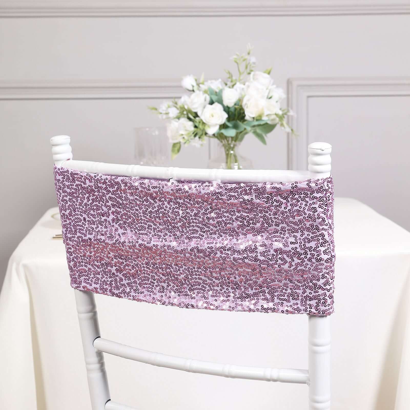 5 Pack Sequin Spandex Chair Sashes Lavender Lilac - Stretch Chair Bands 6"x15"