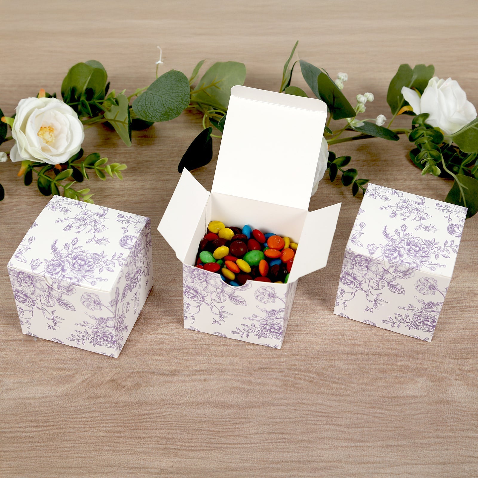 25 Pack Candy Treat Favor Boxes in French Toile Pattern - Matte Lavender and White Party Gift Boxes, Cardstock Paper - 3"x3"