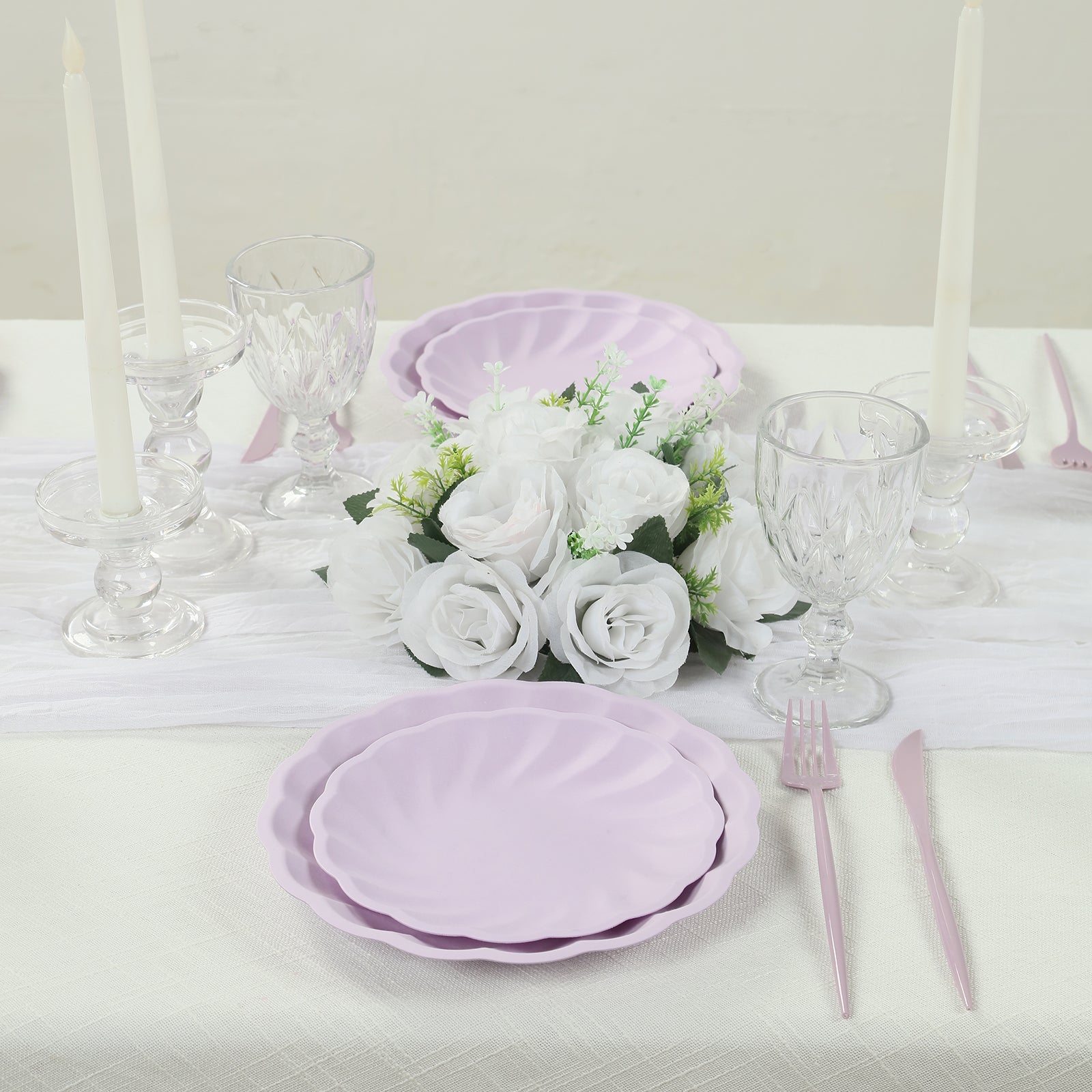 20 Pack Biodegradable Salad Plates in Lavender Lilac – 7" Swirl Scalloped Pastel Color Compostable Bamboo Dessert Plates, Elegant Disposable Tableware