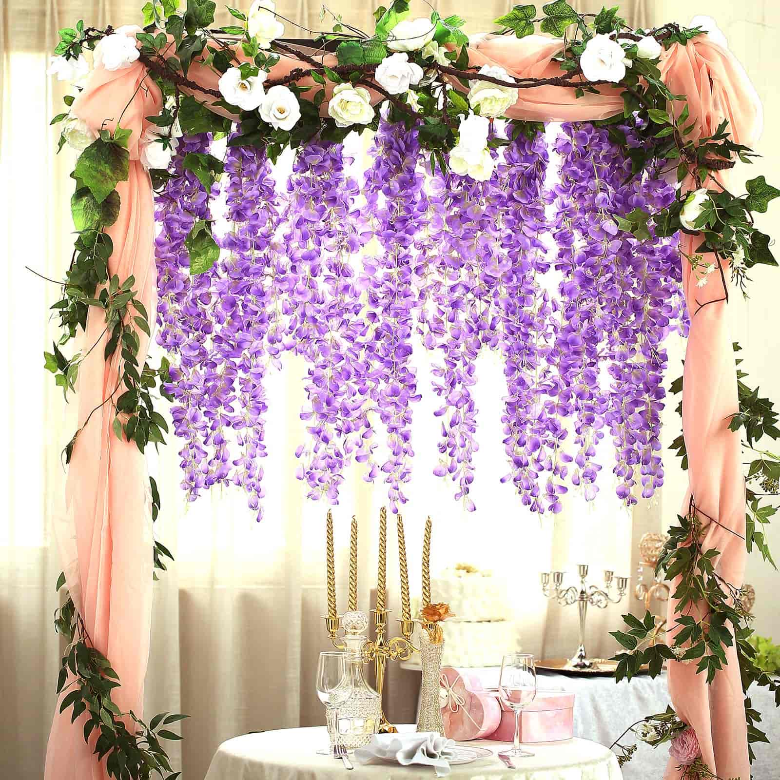 42" Silk Hanging Wisteria Flower Garland Vines in Lavender Lilac, Elaborated 5 Full Strands in 1 Bush