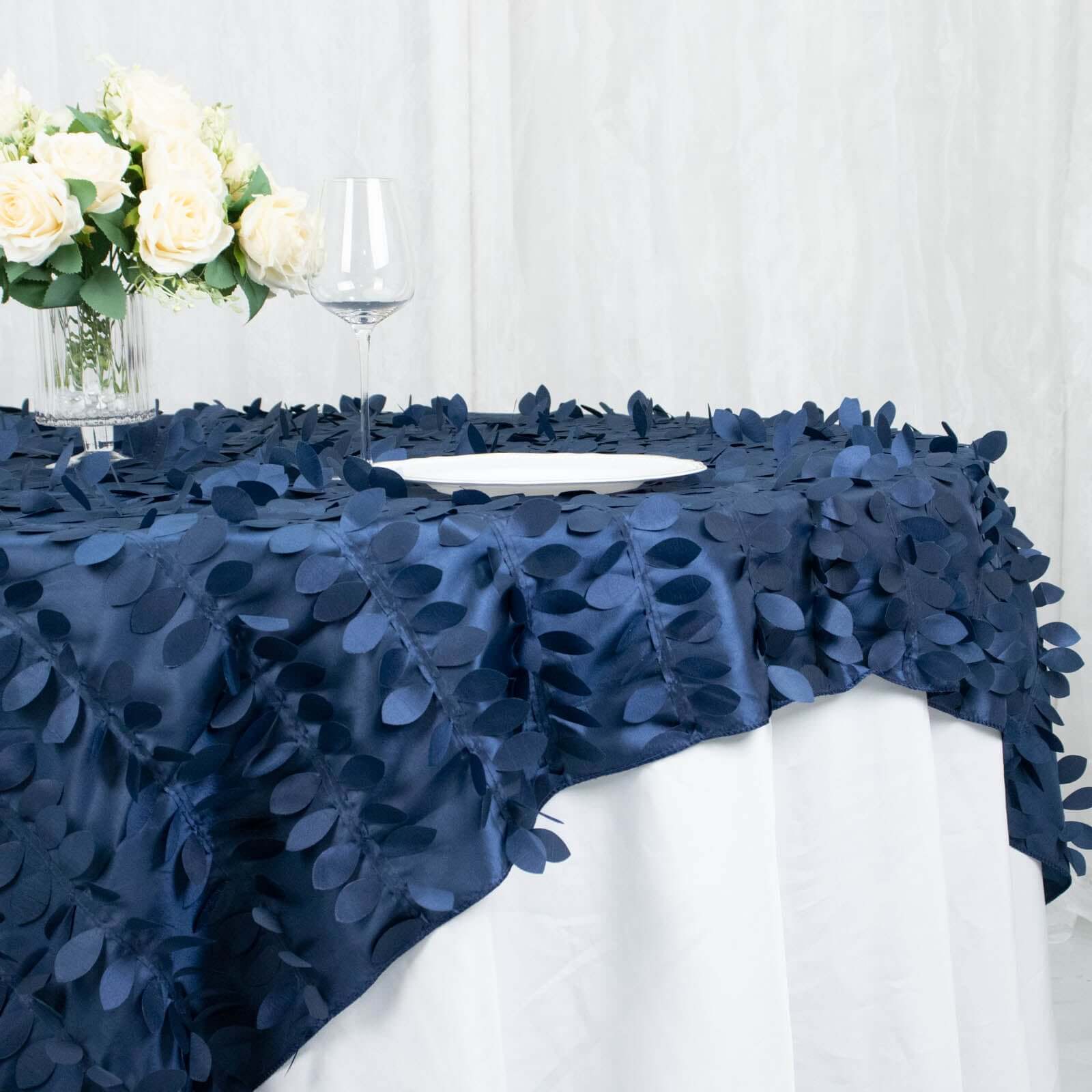 Taffeta 72"x72" Table Overlay Square Tablecloth Navy Blue - 3D Leaf Petal Table Cover