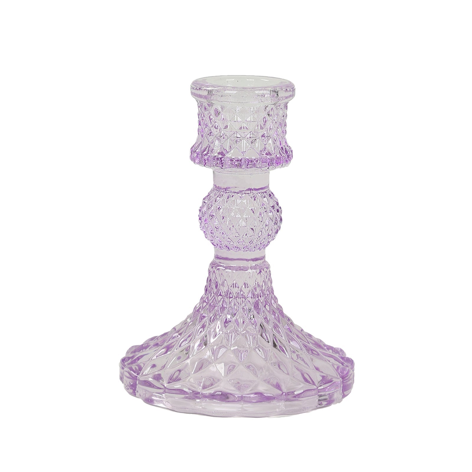 6-Pack Glass Taper Candlestick Holders Diamond Pattern Design Lavender Lilac - Reversible Crystal Pillar Votive Stands 4"