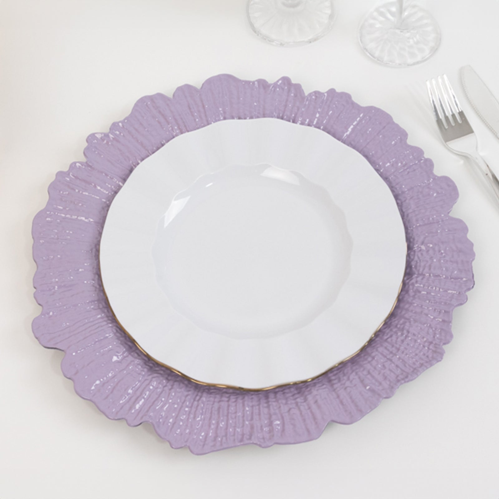 6-Pack Acrylic Plastic Round Charger Plates 13" in Lavender Lilac with Reef Design, Dinner Charger Tableware