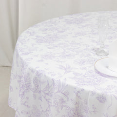Polyester 90" Round Tablecloth White - Lavender Lilac French Toile Pattern for Chic Weddings