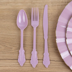 72 Pcs Plastic Silverware Set in Baroque Style Lavender Lilac - Heavy Duty Disposable Knife, Fork, and Spoon Set