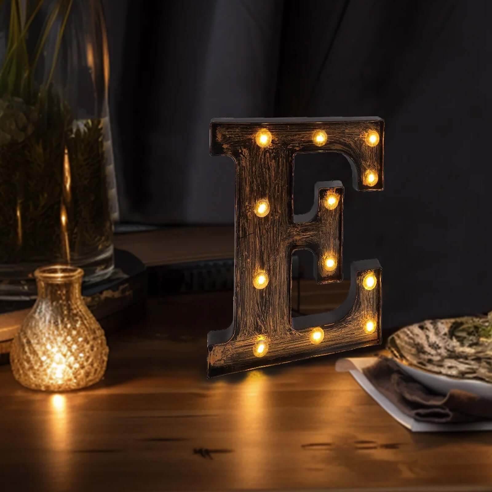 LED Marquee Letter "E" Industrial Style Antique Black - Light-Up Alphabet Sign for Weddings & Displays 9"