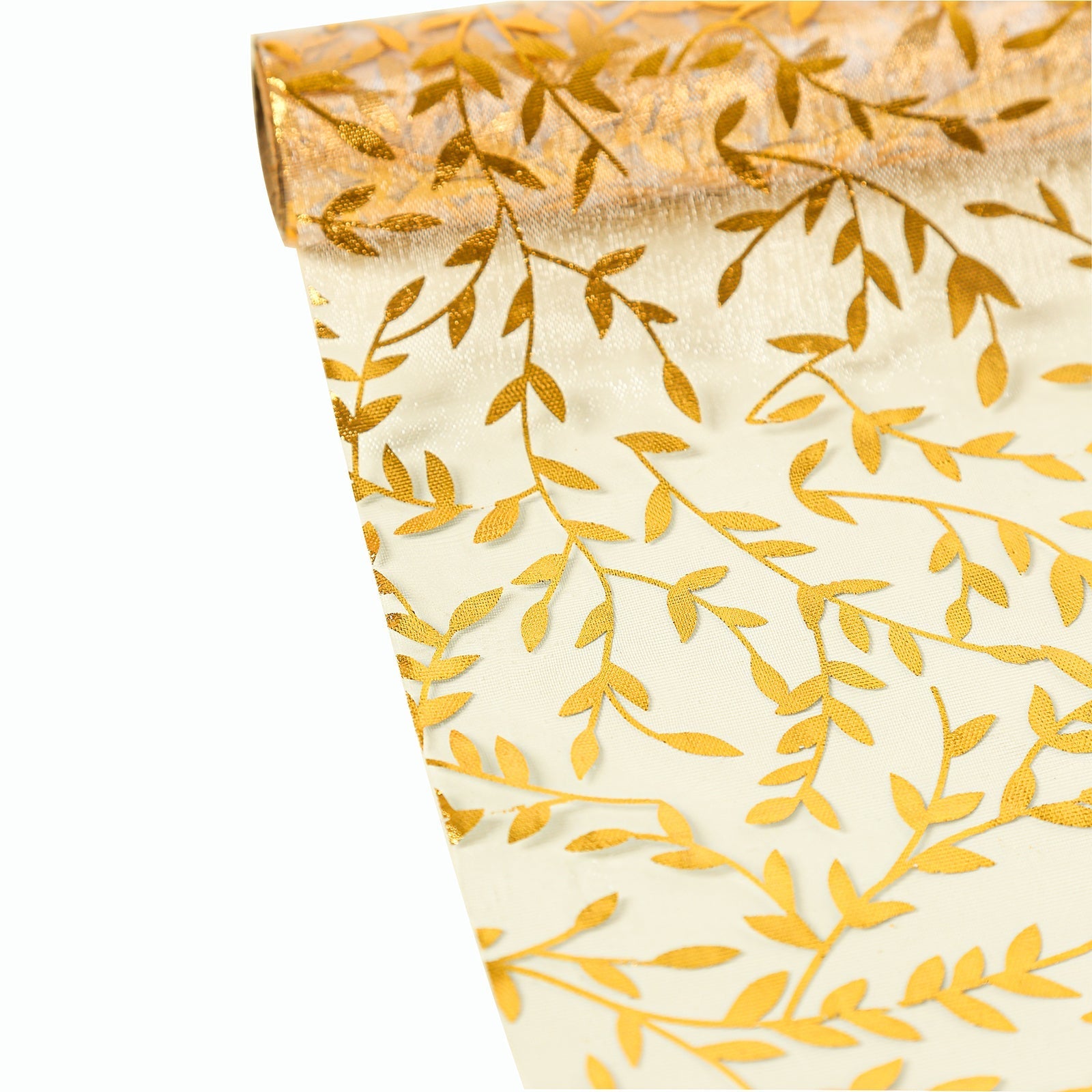 5 Pack Organza Mesh 11"x108" Table Runner Rolls White with Gold Foil Leaf Vines - Disposable Stylish & Chic Table Decor