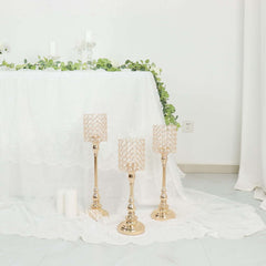 Set of 3 Crystal Beaded Goblet Votive Candle Holder Stands Gold - Tea Light Centerpiece 18", 16", 14"