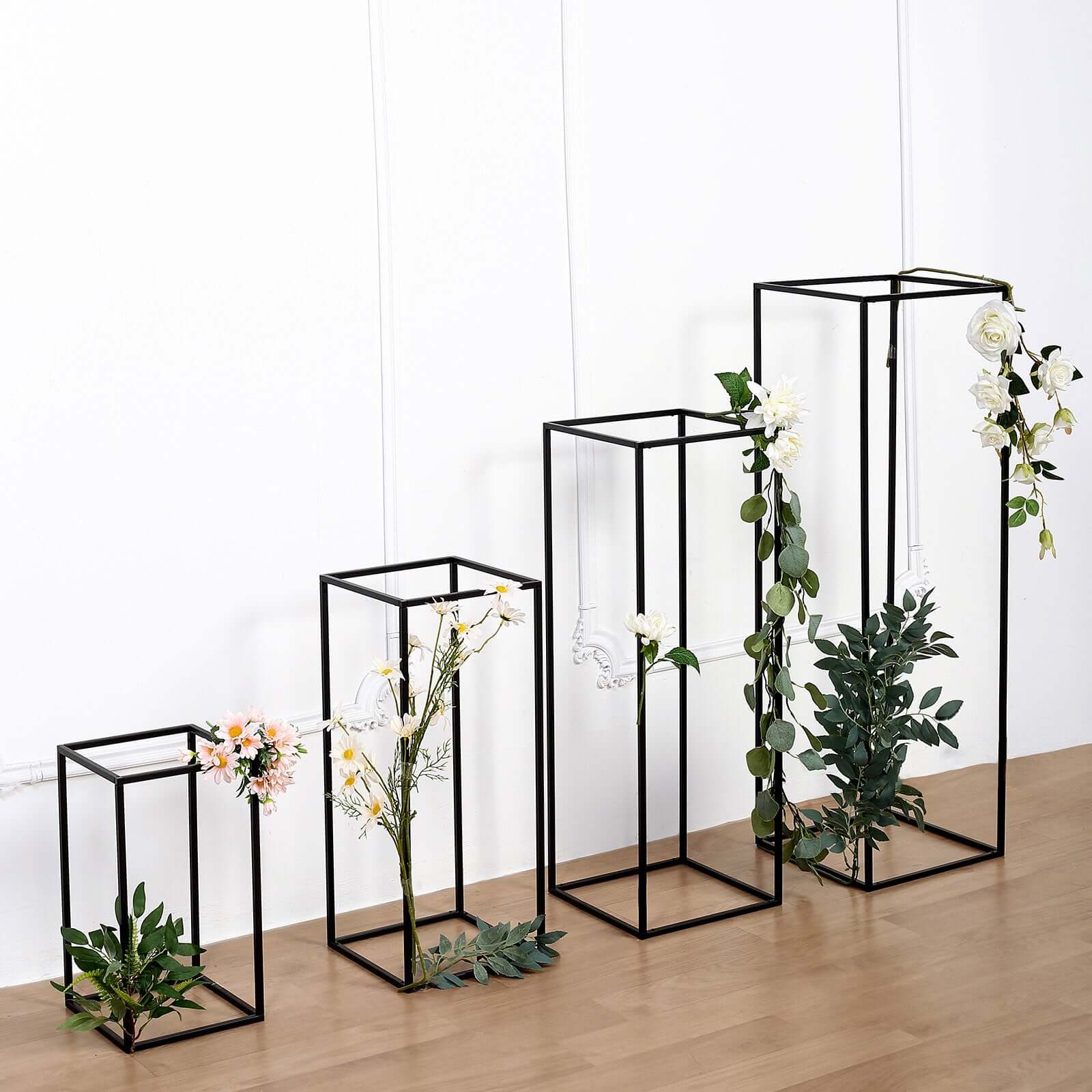 Set of 4 Metal Flower Stands Frame Wedding Column Centerpieces Matte Black - Durable Display 16"/24"/32"/40"