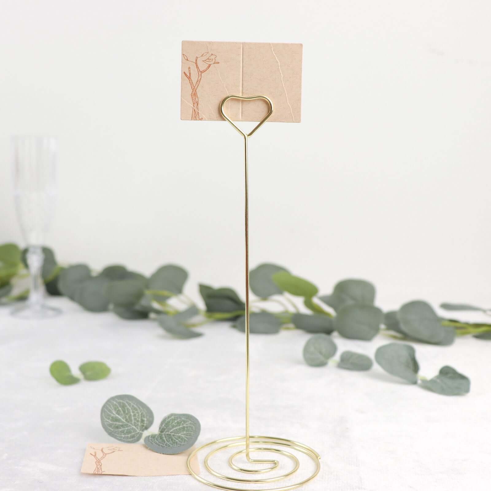 10-Pack Metal Card Holder Stands Heart Design Gold - Table Number Stands and Wedding Place Card Menu Clips 8"