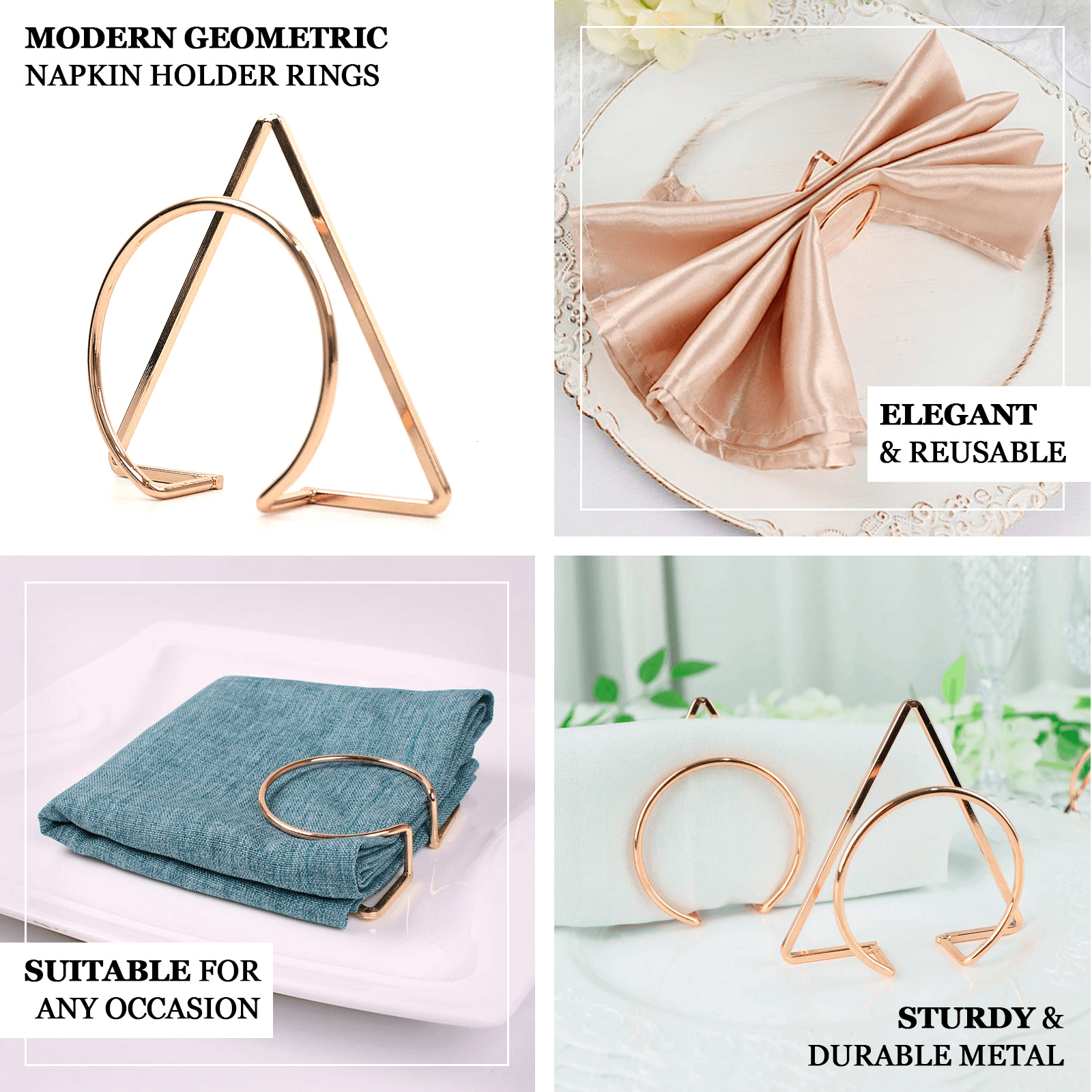 4 Pack Gold Geometric Metal Napkin Rings, Modern Nordic Napkin Holder Stands