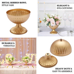 2-Pack Metal Pedestal Flower Vases Ribbed Bowl Style Gold - Antique Mini Compote Vase for Sophisticated Wedding Centerpieces 4"