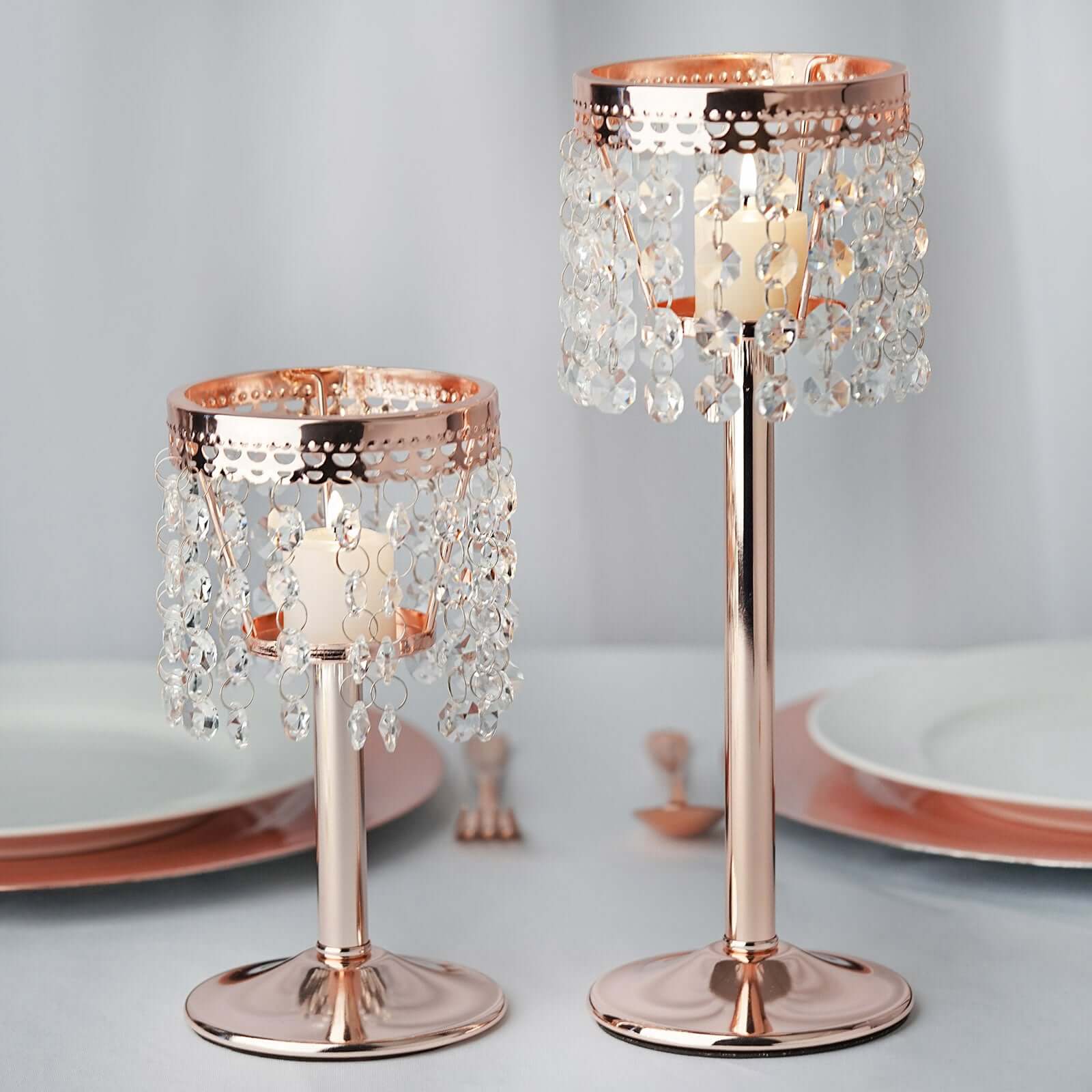 Crystal Beaded Chandelier Metal Candle Holder Rose Gold - Sophisticated Pillar Tealight Stand 12"