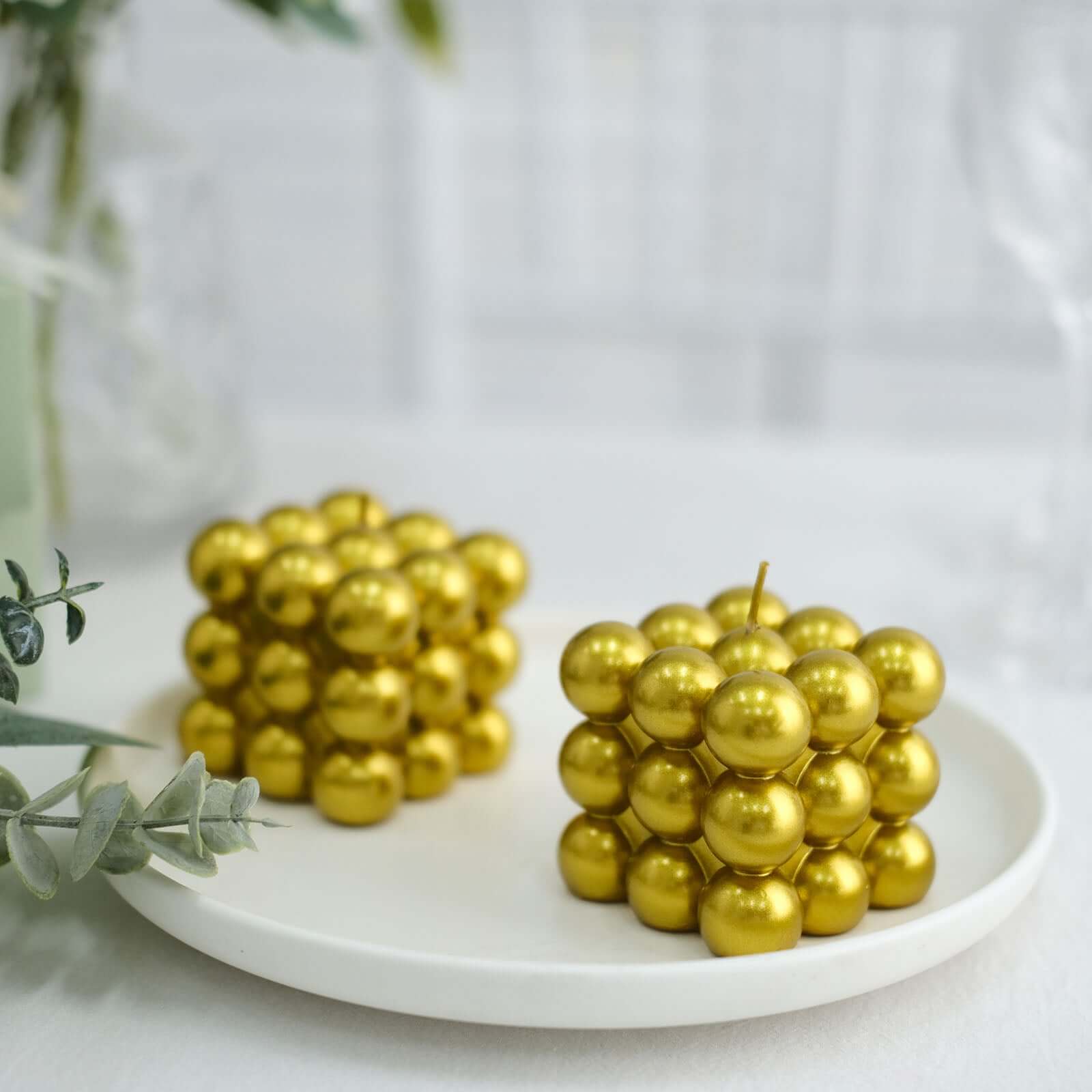 2-Pack Decorative Paraffin Wax Candles Bubble Cube Design Metallic Gold - Unscented Long Burning Pillar Candle Set 2"