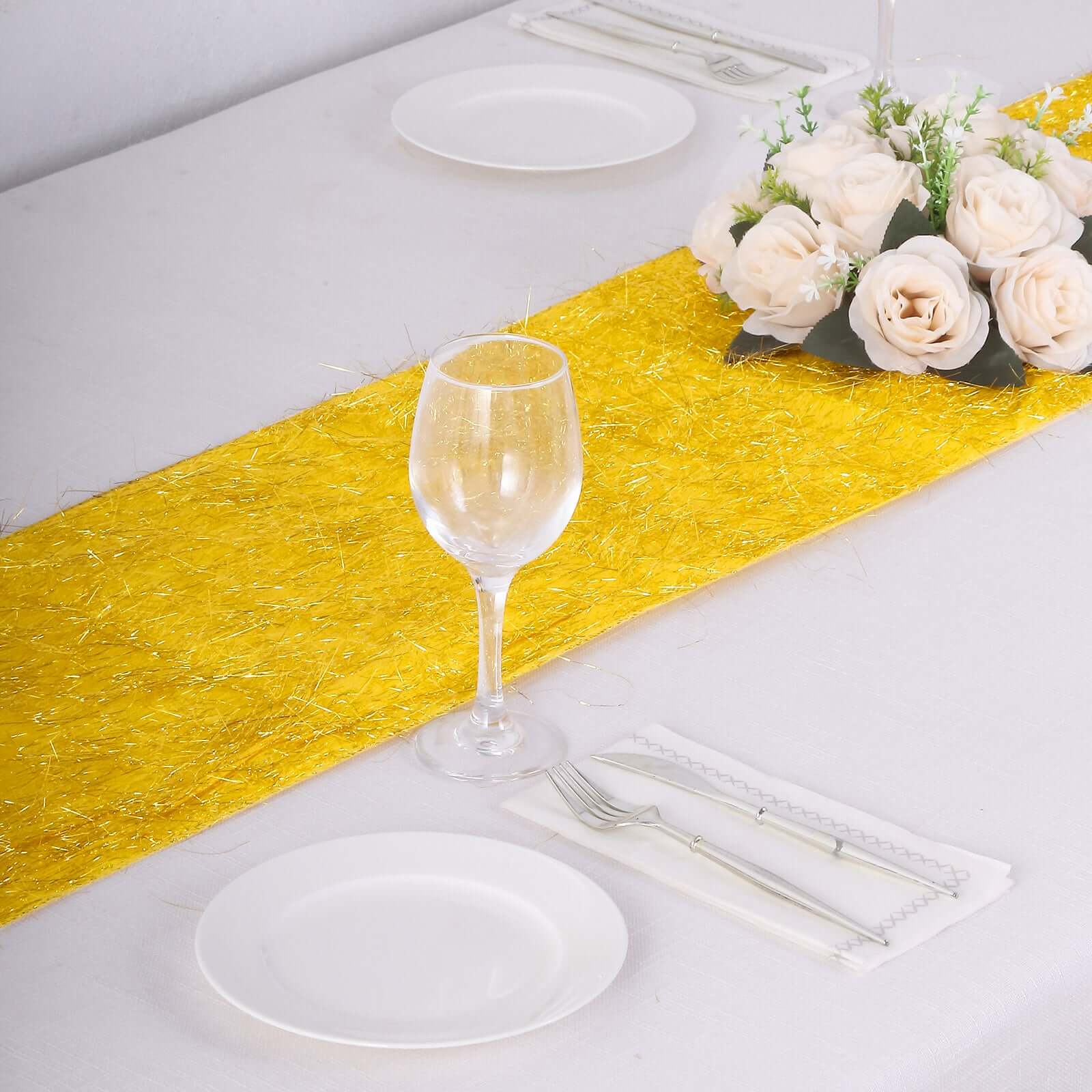 Metallic Tinsel Polyester 12"x108" Table Runner Gold - Shimmery Fringe Shag Event Table Decor