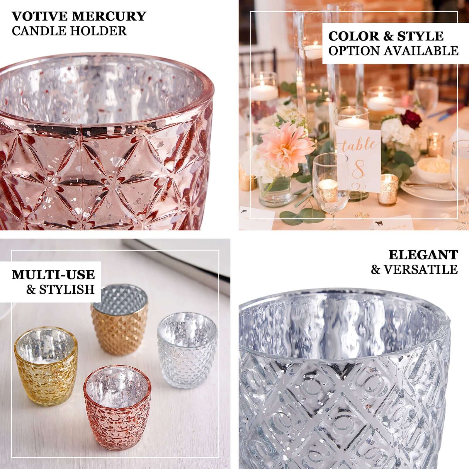 6-Pack Mercury Glass Votive Candle Holders Metallic Silver with Assorted Geometric Designs - Tealight Holders 3"