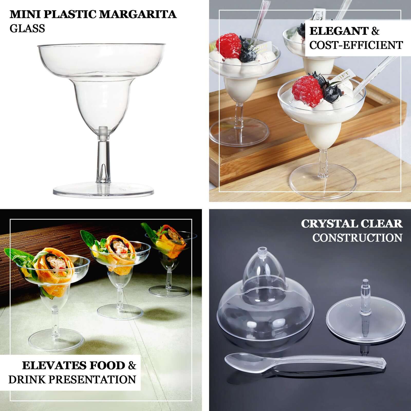 24-Pack Plastic Margarita Glasses Mini Clear with Spoons - Great for Appetizers 2oz