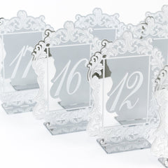 Silver Mirror Arch Acrylic Table Numbers (11-20) - 5"x7" Wedding Reception Signs with Baroque Lace Border, White Print & Stands