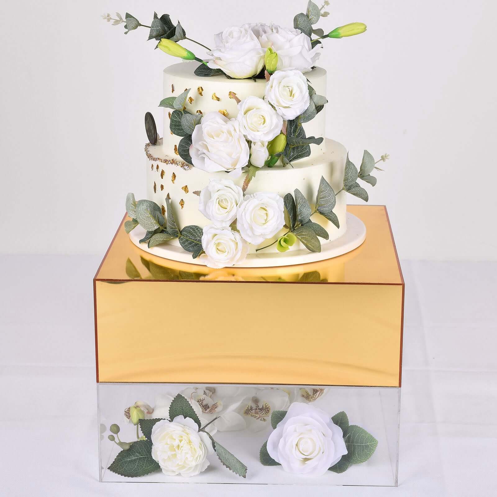 Acrylic Cake Box Stand Pedestal Riser Mirror Finish Gold - Display for Desserts and Events 14"x14"