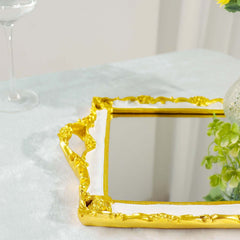 Resin Mirrored Rectangle Serving Tray 15"x10" in White with Gold Baroque Design, Stylish Decorative Vanity Tray Centerpiece