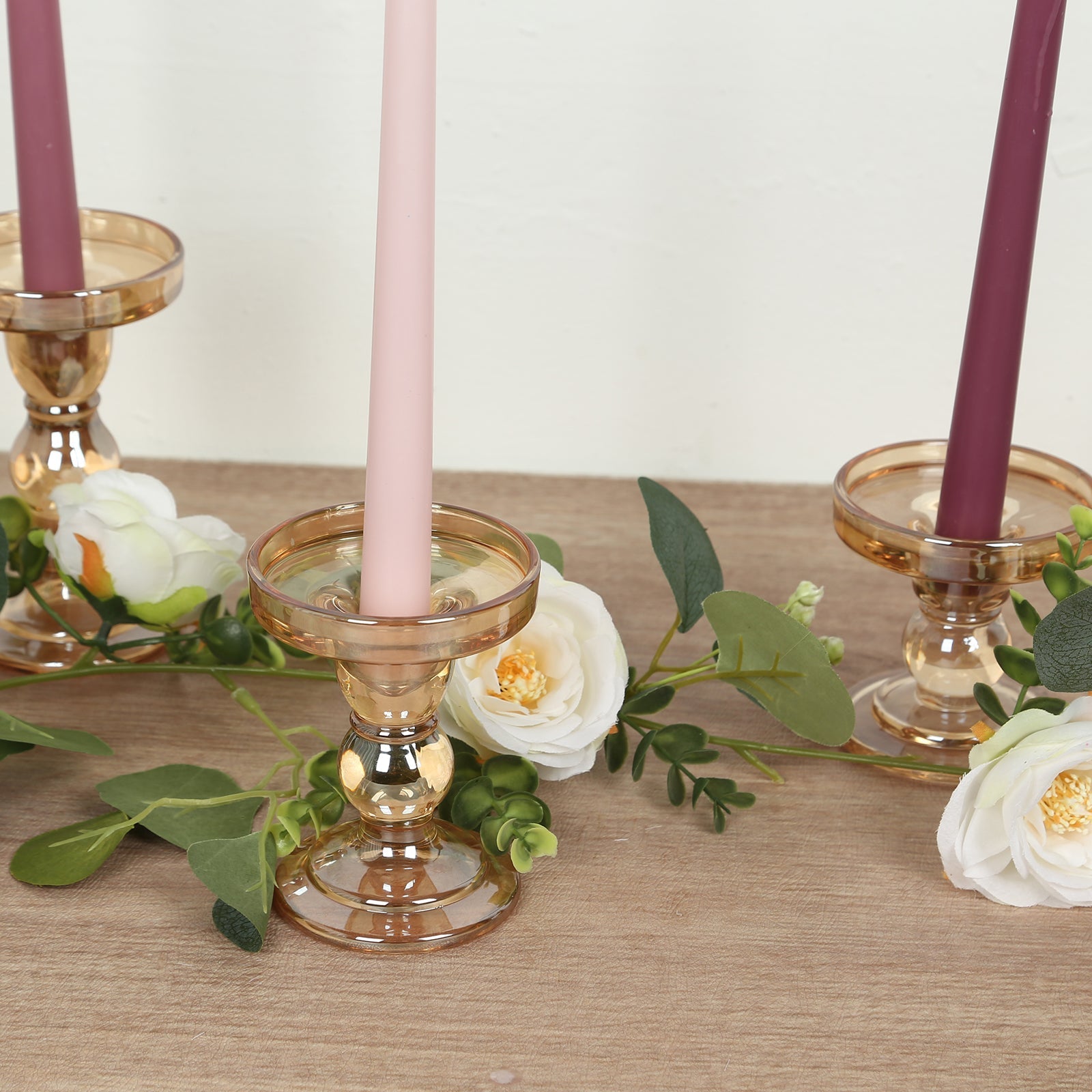 Set of 3 Glass Pillar Candle Holders Amber Gold with Round Tray - Crystal Ball Stem Taper Candlestick Tea Light Stands 3.5", 4.5", 5.5"