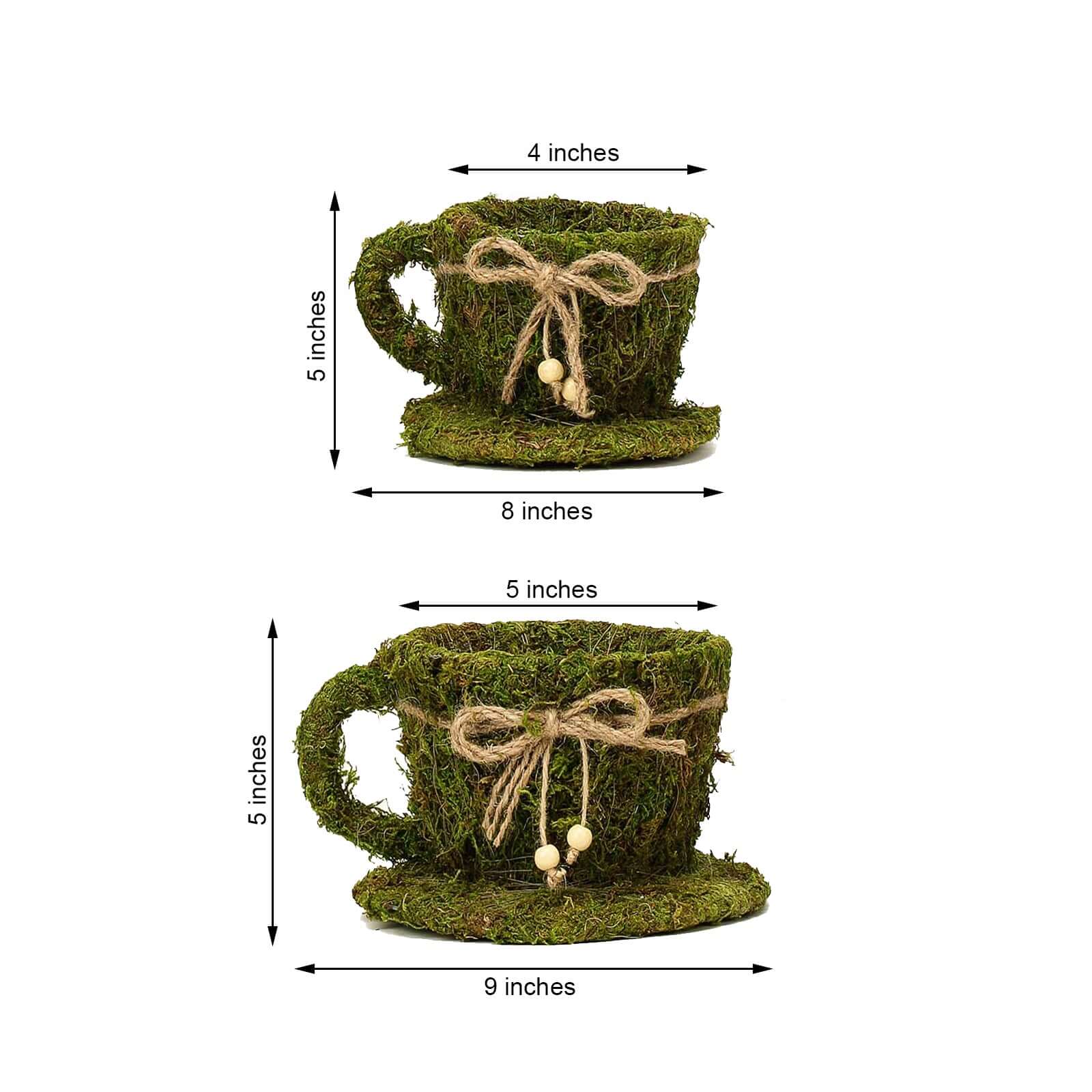 Set of 2 Teacup Shaped Planter Boxes Preserved Moss with Twine Green - Flower Basket Centerpieces 5", 4"